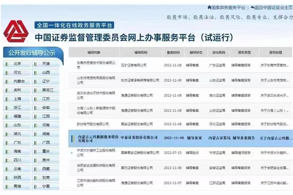 内蒙古云科数据于内蒙古证监局创业板报辅成功 